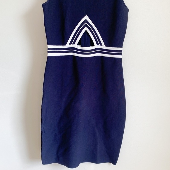 BEBE Navy Blue White Body Con Bandage Mini Dress Medium - Picture 4 of 11
